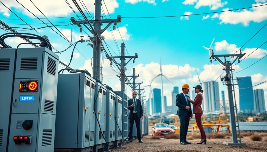 A modern electrical grid integrating battery storage systems. In the foreground, sleek battery units connected to power lines, with LED indicators glowing. The middle ground features utility workers in professional business attire, actively monitoring and adjusting connections, demonstrating teamwork in the integration process. The background displays a dynamic city skyline with renewable energy sources like wind turbines and solar panels, hinting at a sustainable future. Soft, natural lighting casts an optimistic glow over the scene, with a bright blue sky and fluffy clouds to add vibrancy. The perspective is at eye level, creating an engaging viewpoint of this technological advancement, conveying a sense of innovation and progress in energy solutions.