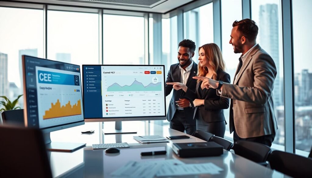 A modern, high-tech office environment showcasing a digital dashboard on a sleek computer screen displaying a vibrant interface for managing CEE files. In the foreground, a diverse group of three professionals dressed in business attire, engaged in a discussion, pointing at the screen with expressions of intrigue and collaboration. The middle ground features a stylish conference table with documents and devices, emphasizing productivity and innovation. The background includes large windows with city views, letting in natural light that creates a bright and optimistic atmosphere. Soft, diffused lighting enhances the sense of a cutting-edge workspace. The composition should convey a mood of excitement and efficiency in tracking CEE transactions and paperwork. A modern, high-tech office environment showcasing a digital dashboard on a sleek computer screen displaying a vibrant interface for managing CEE files. In the foreground, a diverse group of three professionals dressed in business attire, engaged in a discussion, pointing at the screen with expressions of intrigue and collaboration. The middle ground features a stylish conference table with documents and devices, emphasizing productivity and innovation. The background includes large windows with city views, letting in natural light that creates a bright and optimistic atmosphere. Soft, diffused lighting enhances the sense of a cutting-edge workspace. The composition should convey a mood of excitement and efficiency in tracking CEE transactions and paperwork.