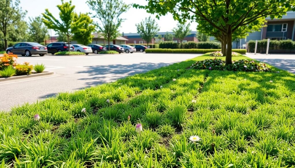 A modern, innovative parking lot featuring green vegetative stabilizing tiles, designed to support plant growth. In the foreground, showcase a close-up of these textured tiles, with lush grass and small flowers sprouting between them. The middle ground illustrates a well-organized parking area with cars parked in designated spots, surrounded by vibrant greenery. In the background, include trees and shrubs that provide shade, enhancing the green ecological theme. The scene is set under bright, natural daylight, casting soft shadows that emphasize the textures and colors. Use a wide-angle perspective to capture the expansive layout. The overall mood is fresh and eco-friendly, reflecting the harmony between urban infrastructure and nature.