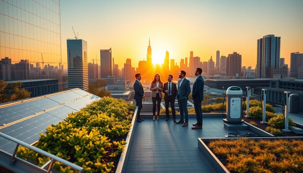 A modern office building symbolizing the energy transition, showcasing solar panels and green roofs brimming with vegetation in the foreground. The middle ground features professional individuals in business attire engaged in discussions, surrounded by energy-efficient technologies like smart meters and electric vehicle charging stations. In the background, a vibrant city skyline during sunset, radiating a warm golden light, with gentle shadows cast by the buildings, creating a hopeful and progressive atmosphere. Incorporate clear blue skies and a hint of greenery in urban landscaping, emphasizing sustainability. The angle is slightly elevated, providing a comprehensive view that evokes innovation and collaboration in the context of energy transformation.