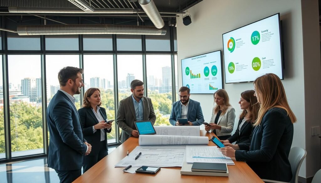 A modern office environment featuring a team of professionals discussing energy-efficient upgrades for buildings. In the foreground, a diverse group of architects and engineers, dressed in smart business attire, are gathered around a table with blueprints and digital devices showing graphs and energy-saving metrics. In the middle ground, a large window reveals a bright, sunlit urban landscape with greenery and energy-efficient structures. The background showcases a wall-mounted screen displaying infographics on energy performance optimization techniques. The lighting is bright and natural, creating a productive atmosphere, while the camera angle is slightly elevated, providing a comprehensive view of the workspace. The overall mood is focused and collaborative, emphasizing innovation in energy efficiency.