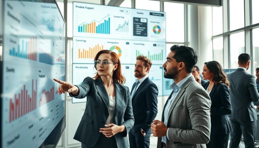 A modern office environment showcasing a team of diverse professionals analyzing data on large digital displays. In the foreground, a focused businesswoman in professional attire is pointing at a graph depicting performance metrics, while a man beside her looks on with interest. In the middle ground, various charts and infographics related to profitability optimization are visible on multiple screens, highlighting trends and key performance indicators. The background features large windows allowing natural light to flood the room, creating a bright and inviting atmosphere. The mood is one of collaboration and determination, emphasizing a forward-thinking approach to financial tracking and project efficiency. The perspective captures a dynamic workspace, with a focus on teamwork and data-driven decision-making.