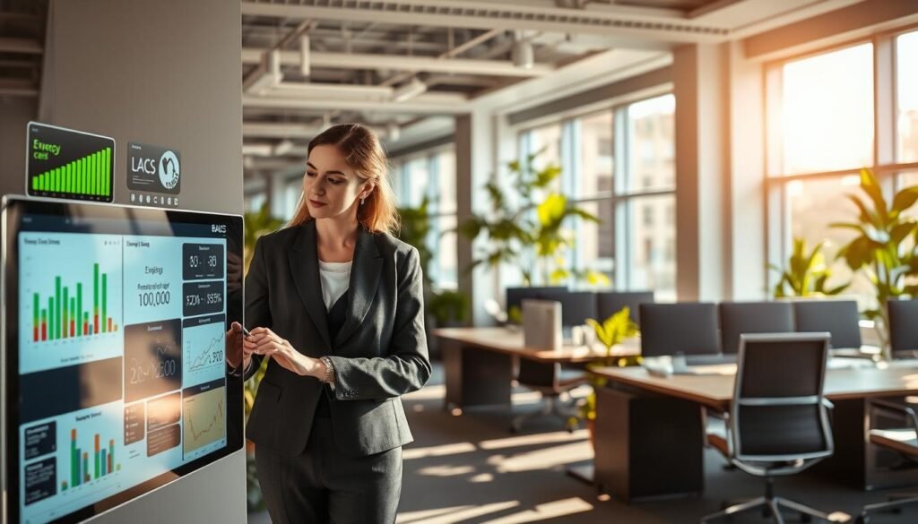A modern office environment showcasing compliance with the French BACS regulation. In the foreground, a professional woman in business attire examines a digital display on an energy management system, surrounded by various charts and graphs representing energy efficiency data. In the middle ground, sleek, energy-efficient office furniture can be seen, with plants strategically placed to enhance the workspace. The background features large windows with natural light streaming in, casting a warm glow throughout the room. The overall atmosphere conveys a sense of professionalism, focus on sustainability, and compliance with regulations. The image should be captured with a wide-angle lens to capture the space, accentuating the modern design and organized layout without any text or branding elements.