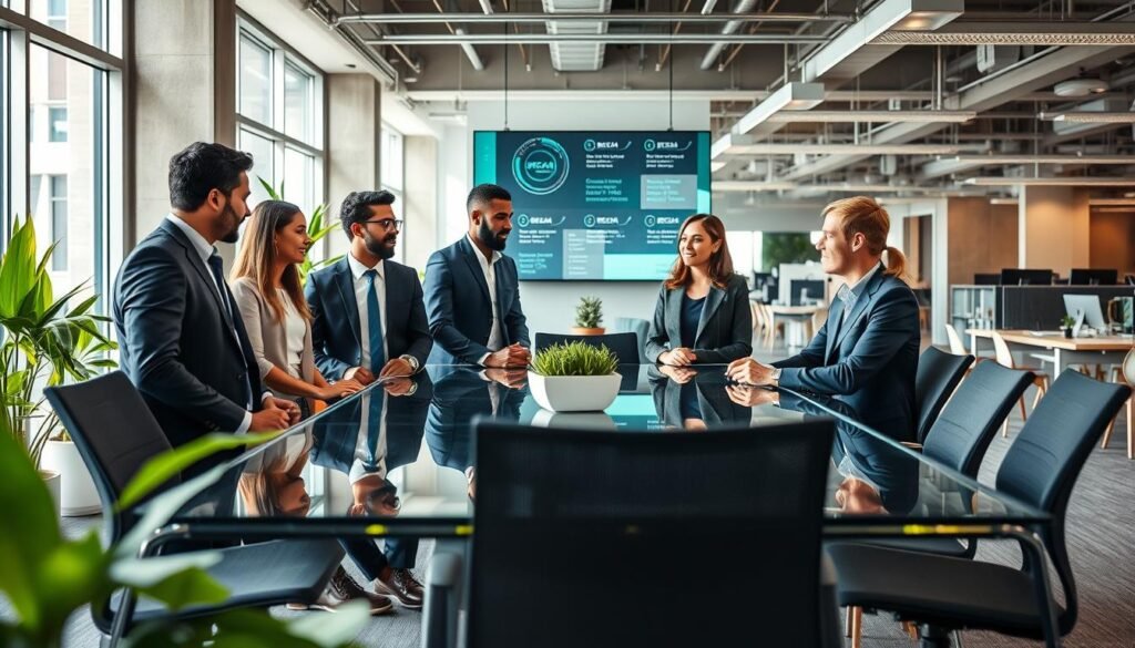 A modern office environment showcasing the advantages of BREEAM certification for the tertiary sector. In the foreground, a diverse group of three professionals, dressed in smart business attire, are engaged in a collaborative discussion around a sleek, glass conference table. The middle ground features large windows with natural sunlight streaming in, highlighting elements such as energy-efficient plants and a digital screen displaying BREEAM certification graphics. The background shows a well-designed office space with eco-friendly materials, open work areas, and green technology, creating a vibrant and inspiring atmosphere. The lighting is bright and uplifting, emphasizing the positive impact of sustainable practices in the workplace. The overall mood is professional, optimistic, and forward-thinking, reflecting the benefits of BREEAM certification for businesses. A modern office environment showcasing the advantages of BREEAM certification for the tertiary sector. In the foreground, a diverse group of three professionals, dressed in smart business attire, are engaged in a collaborative discussion around a sleek, glass conference table. The middle ground features large windows with natural sunlight streaming in, highlighting elements such as energy-efficient plants and a digital screen displaying BREEAM certification graphics. The background shows a well-designed office space with eco-friendly materials, open work areas, and green technology, creating a vibrant and inspiring atmosphere. The lighting is bright and uplifting, emphasizing the positive impact of sustainable practices in the workplace. The overall mood is professional, optimistic, and forward-thinking, reflecting the benefits of BREEAM certification for businesses.
