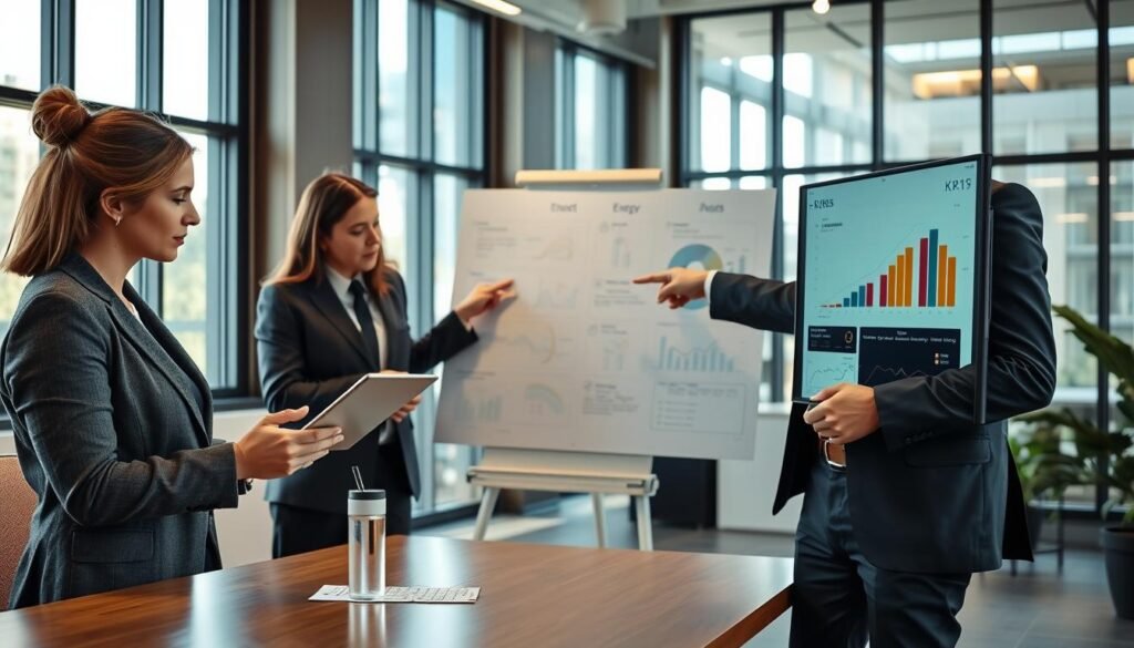 A modern office setting featuring a team of three professionals engaged in a routine energy management meeting. In the foreground, a focused woman in business attire reviews energy consumption data on a tablet, while a man in a suit points to graphics displayed on a large screen, illustrating key performance indicators (KPIs). In the middle, a whiteboard is filled with diagrams and notes outlining energy management strategies. The background shows a bright workspace with large windows allowing natural light to flood in, creating a productive atmosphere. The overall mood is collaborative and forward-thinking, accentuated by warm lighting that highlights the team's engagement and dedication to efficient energy management routines. A modern office setting featuring a team of three professionals engaged in a routine energy management meeting. In the foreground, a focused woman in business attire reviews energy consumption data on a tablet, while a man in a suit points to graphics displayed on a large screen, illustrating key performance indicators (KPIs). In the middle, a whiteboard is filled with diagrams and notes outlining energy management strategies. The background shows a bright workspace with large windows allowing natural light to flood in, creating a productive atmosphere. The overall mood is collaborative and forward-thinking, accentuated by warm lighting that highlights the team's engagement and dedication to efficient energy management routines.