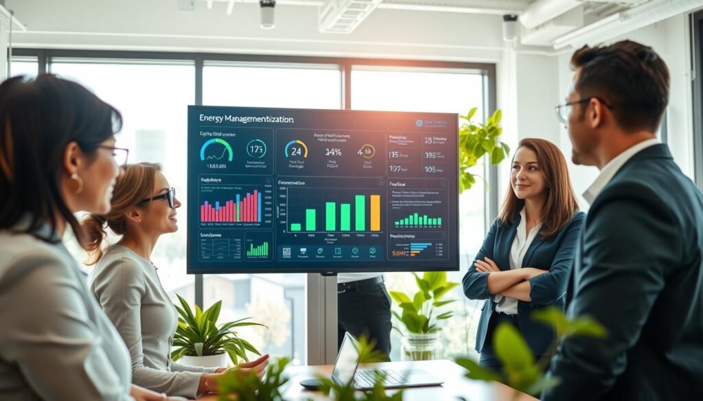 A modern office setting focused on energy management optimization. In the foreground, a diverse group of professionals in business attire, reviewing energy management charts and graphs on a large digital screen. The middle layer features a sleek energy management system dashboard displaying real-time energy consumption data and optimization suggestions. The background shows a bright, well-lit office with eco-friendly design elements like plants and energy-efficient lights. Soft natural lighting filters in through large windows, creating an optimistic and collaborative atmosphere. The angle captures the team engaged and discussing strategies, reflecting a sense of innovation and effective energy management practices. A modern office setting focused on energy management optimization. In the foreground, a diverse group of professionals in business attire, reviewing energy management charts and graphs on a large digital screen. The middle layer features a sleek energy management system dashboard displaying real-time energy consumption data and optimization suggestions. The background shows a bright, well-lit office with eco-friendly design elements like plants and energy-efficient lights. Soft natural lighting filters in through large windows, creating an optimistic and collaborative atmosphere. The angle captures the team engaged and discussing strategies, reflecting a sense of innovation and effective energy management practices.