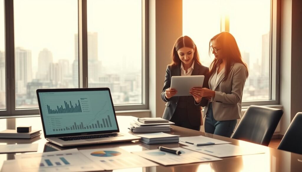 A modern office setting showcasing financial devices related to the "Loi POPE". In the foreground, a sleek conference table with financial documents, graphs, and a laptop displaying financial projections. In the middle, a diverse group of three professionals in business attire (a man and two women) engaged in a discussion, analyzing data on a tablet. The background features large windows with city views and soft natural light pouring in, highlighting the collaborative atmosphere. The lighting is warm, enhancing a sense of optimism and professionalism. The image captures the energy of financial strategy and growth opportunities for businesses under the Loi POPE, with a focus on teamwork and innovation.