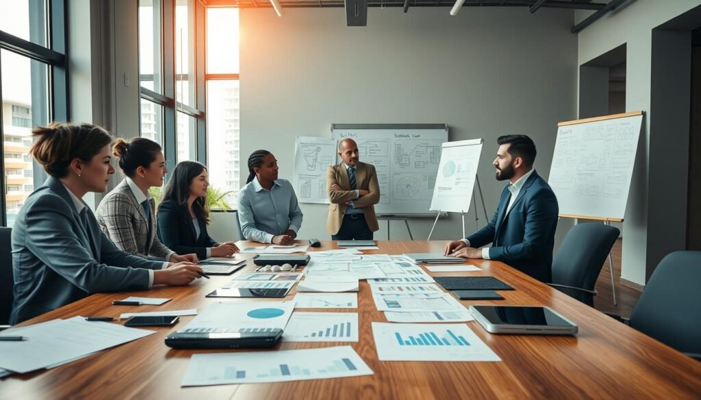 A modern office space featuring a team of diverse professionals in business attire collaborating on a budget plan for building management. In the foreground, a large wooden table is strewn with charts, graphs, and digital devices, showcasing budget estimations and project timelines. The middle ground reveals a large whiteboard filled with diagrams and notes about technical management systems. In the background, floor-to-ceiling windows filter soft natural light, casting a warm glow over the scene. The atmosphere is focused and professional, capturing the essence of strategic planning and teamwork in building management. The lens angle is slightly elevated, giving a comprehensive view of the planning process, emphasizing collaboration and innovation.