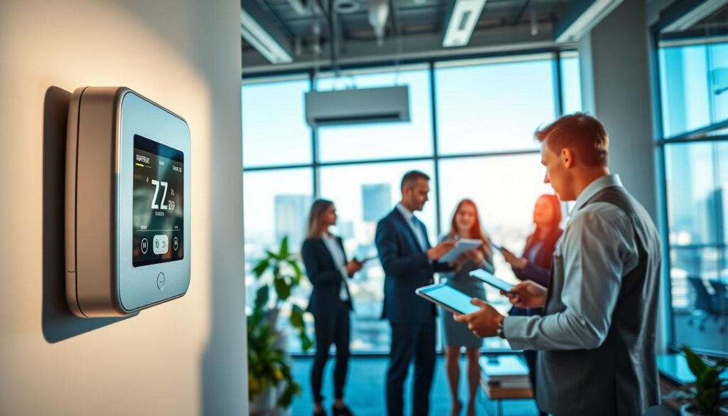 A modern office space showcasing advanced heating and cooling systems in action. In the foreground, a sleek, wall-mounted digital thermostat with a touchscreen display, surrounded by stylish furniture and indoor plants. In the middle, a state-of-the-art HVAC unit, designed with modern aesthetics, is installed on the wall, highlighting energy efficiency. Several professionally dressed individuals, engaged in discussion, are analyzing data on tablets, depicting collaboration in energy management. In the background, large windows reveal a cityscape, with bright natural light flooding the room, creating a vibrant atmosphere. The overall mood is one of innovation and professionalism, emphasizing the importance of modernizing energy systems in businesses. Use a bright and airy color palette, with a focus on eco-friendly materials.