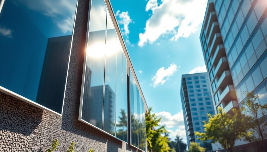 A modern urban environment featuring a wall integrated with vertically oriented solar panels. In the foreground, showcase a close-up of sleek, reflective solar panels mounted on a textured facade. The middle ground highlights the structure of the building, blending greenery and architectural elements that complement the solar installation. The background includes a clear blue sky with soft clouds, emphasizing the sunlight capturing through the panels. The lighting is bright and natural, simulating an afternoon sun, creating shadows that highlight the texture and design of the wall. The overall mood conveys innovation and sustainability, reflecting a forward-thinking approach to energy solutions in urban settings.
