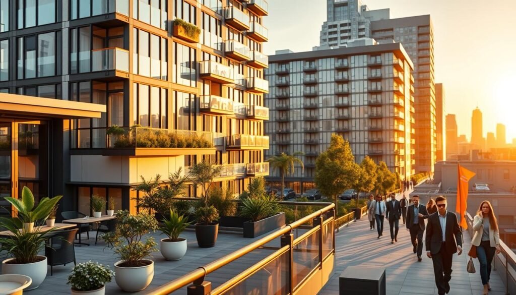 A modern urban landscape showcasing the transformation of office spaces into residential apartments. In the foreground, a newly designed apartment balcony with potted plants and modern furniture, suggesting a cozy living environment. The middle ground features a revamped office building with large windows and balconies, seamlessly transitioning into residential units. In the background, a city skyline during golden hour, casting warm, flattering light on the scene. The atmosphere is vibrant and inviting, depicting a lively neighborhood with pedestrians in professional attire and casual wear, enjoying their surroundings. Focus on clear, sharp details, with a dynamic perspective that highlights the architectural contrast between commercial and residential spaces.