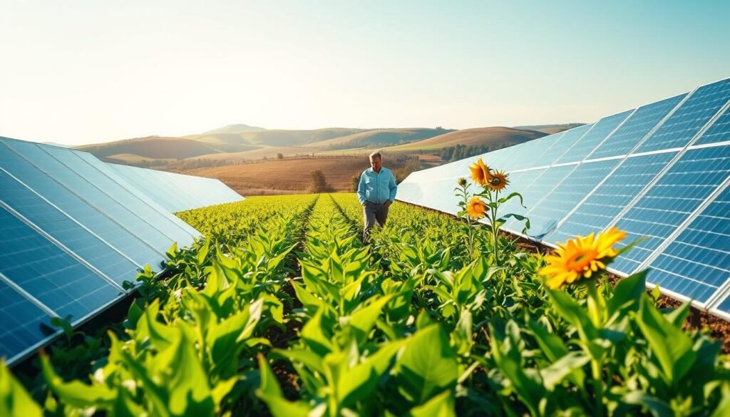 A picturesque agricultural landscape featuring a harmonious blend of solar panels and crops, illustrating the concept of agrivoltaïsme. In the foreground, rows of vibrant green crops such as corn and sunflowers thrive under the gentle sunlight, while sleek solar panels are strategically placed nearby, capturing the sun's energy. In the middle ground, a farmer in professional attire inspects the crops, showcasing a balanced collaboration between agriculture and renewable energy. The background reveals rolling hills and a clear blue sky, enhancing the eco-friendly atmosphere. Soft, warm lighting bathes the entire scene, creating an optimistic and sustainable feel. The image should be composed with a wide-angle view to capture the stunning interaction between agriculture and solar energy infrastructure, reflecting the legal framework and agricultural challenges at play. A picturesque agricultural landscape featuring a harmonious blend of solar panels and crops, illustrating the concept of agrivoltaïsme. In the foreground, rows of vibrant green crops such as corn and sunflowers thrive under the gentle sunlight, while sleek solar panels are strategically placed nearby, capturing the sun's energy. In the middle ground, a farmer in professional attire inspects the crops, showcasing a balanced collaboration between agriculture and renewable energy. The background reveals rolling hills and a clear blue sky, enhancing the eco-friendly atmosphere. Soft, warm lighting bathes the entire scene, creating an optimistic and sustainable feel. The image should be composed with a wide-angle view to capture the stunning interaction between agriculture and solar energy infrastructure, reflecting the legal framework and agricultural challenges at play.