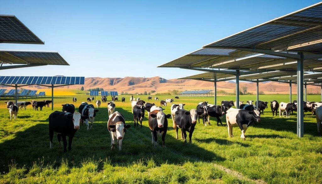 A picturesque agrivoltaic farm scene showcasing the advantages of bovine integration in a solar energy setting. In the foreground, a serene, green pasture filled with healthy cows grazing peacefully under solar panels that provide shade and sustainable energy. In the middle ground, well-structured solar arrays are evenly spaced, capturing sunlight while enhancing the landscape. In the background, rolling hills under a clear blue sky, illustrating a fruitful and harmonious coexistence of agriculture and renewable energy. The lighting is bright and natural, with soft shadows cast by the panels, creating a calm and optimistic atmosphere. Capture the essence of innovation and sustainability in agriculture, emphasizing the benefits for both livestock and solar power generation.