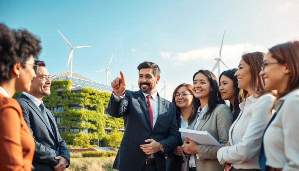 A professional business environment showcasing the economic and social advantages of building certifications like HQE. In the foreground, a diverse group of individuals in professional business attire is engaged in a discussion, pointing at a transparent chart displaying upward trends in sustainability metrics. The middle ground features a modern, eco-friendly building with greenery integrated into its design, symbolizing sustainable architecture. In the background, a bright, clear blue sky highlights solar panels and wind turbines, signifying renewable energy sources. The lighting is natural and soft, creating an optimistic and positive atmosphere. The image is high-resolution, with a slight depth of field to draw focus to the group while keeping the building and landscape in view, reflecting a harmonious blend of professional ethics and environmental responsibility.