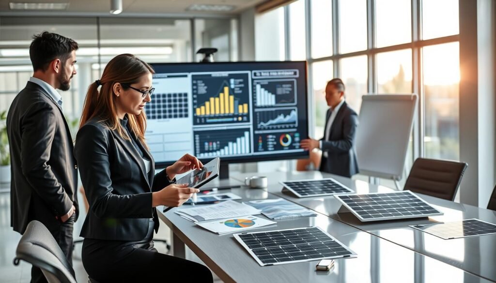 A professional business setting depicting a group of diverse individuals engaged in a photovoltaic feasibility study. In the foreground, a woman in smart business attire is analyzing graphs on a tablet, with a focus on investment returns. Beside her, a man gestures towards a large screen displaying solar panel data and charts, emphasizing key points of analysis. The middle ground features a modern conference table scattered with documents and solar panel samples. The background showcases a bright office environment with large windows allowing natural light to flood the space, enhancing the atmosphere of productivity and innovation. The overall mood is one of collaboration and strategic thinking, emphasizing clarity and professionalism.