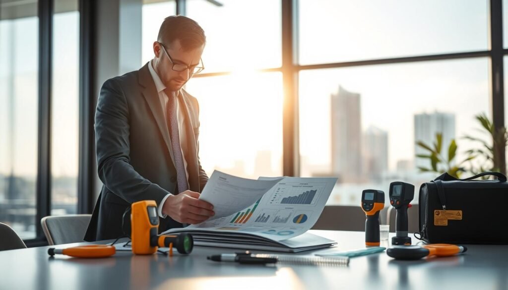 A professional energy audit scene in a modern office setting. In the foreground, a focused energy consultant, dressed in smart business attire, examines an energy efficiency report on a sleek table. The middle ground features various energy efficiency tools like thermal imaging cameras and energy meters, emphasizing the optimization of renovation projects. In the background, large windows showcase a bright, sunlit view of a cityscape, symbolizing sustainability and progress. Soft, natural lighting enhances the professional atmosphere, and a blurred energy-efficient building can be seen outside, connecting the indoor activity with renewable energy topics. The overall mood is one of professionalism and innovation, highlighting the importance of optimizing energy renovation projects.