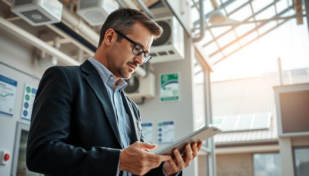 A professional energy auditor in business attire, inspecting a modern building's energy systems, focusing on light fixtures and HVAC units. In the foreground, the auditor is checking a digital tablet displaying energy data. In the middle, energy efficiency certifications are subtly visible on the walls, emphasizing professionalism and expertise. The background features energy-efficient windows and solar panels on the roof, with natural light streaming in, creating a bright and optimistic atmosphere. The scene is captured with a slight depth of field, blurring the background while keeping the auditor and tablet in sharp focus, conveying a sense of diligence and forward-thinking in energy audits and certifications.