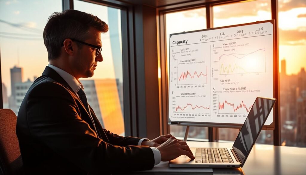 A professional financial analyst in a modern office setting, focused on calculating capacity price guarantees. In the foreground, the analyst is using a laptop while analyzing complex graphs and charts displaying pricing mechanisms and economic impact, with vibrant colors illustrating fluctuations. The middle ground features a large whiteboard filled with equations and diagrams that outline the pricing strategies. In the background, panoramic windows reveal a bustling city skyline during the golden hour, casting warm, soft lighting across the scene. The atmosphere is serious yet collaborative, highlighting the importance of the analysis. The analyst is dressed in a smart business attire, reflecting professionalism. The image should evoke a sense of precision and intellect without any text or logos present.
