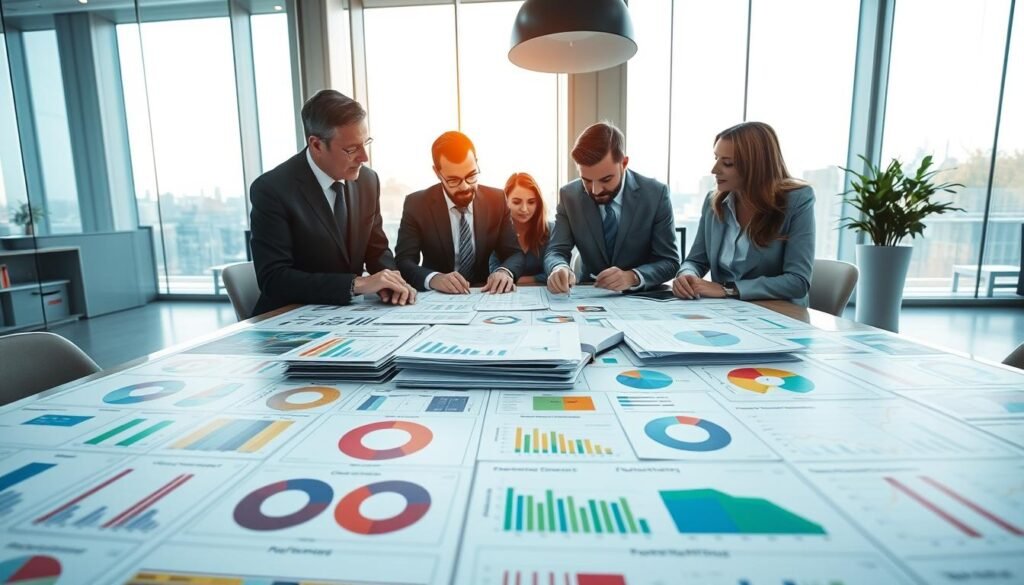 A professional office environment dedicated to analyzing standardized operation sheets in various application sectors, with a large table in the foreground covered in colorful, neatly organized operational fiches. Strategically placed on the table are diverse charts and graphs reflecting sector analyses. In the middle ground, a team of four business professionals, dressed in smart business attire, intensely discussing and collaborating over the fiches, their facial expressions showcasing focus and determination. The background features a modern office space with large windows allowing soft natural light to flow in, illuminating the scene and casting gentle shadows. The overall atmosphere conveys a sense of teamwork, ambition, and analytical precision, encapsulating the essence of sector application analysis.
