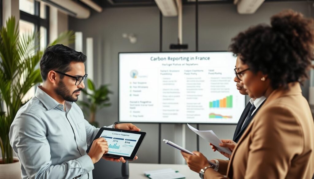 A professional office environment featuring a diverse group of three business professionals engaged in a discussion around a digital tablet displaying a carbon footprint analysis. In the foreground, one individual is pointing to various data visuals, while the others take notes, all dressed in smart business attire. In the middle ground, a large screen shows detailed legal obligations and regulations related to carbon reporting in France. The background includes a modern office with green plants and windows letting in soft natural light, creating a productive and informed atmosphere. The focus is on collaboration and compliance, with warm and inviting tones enhancing the professionalism of the scene.