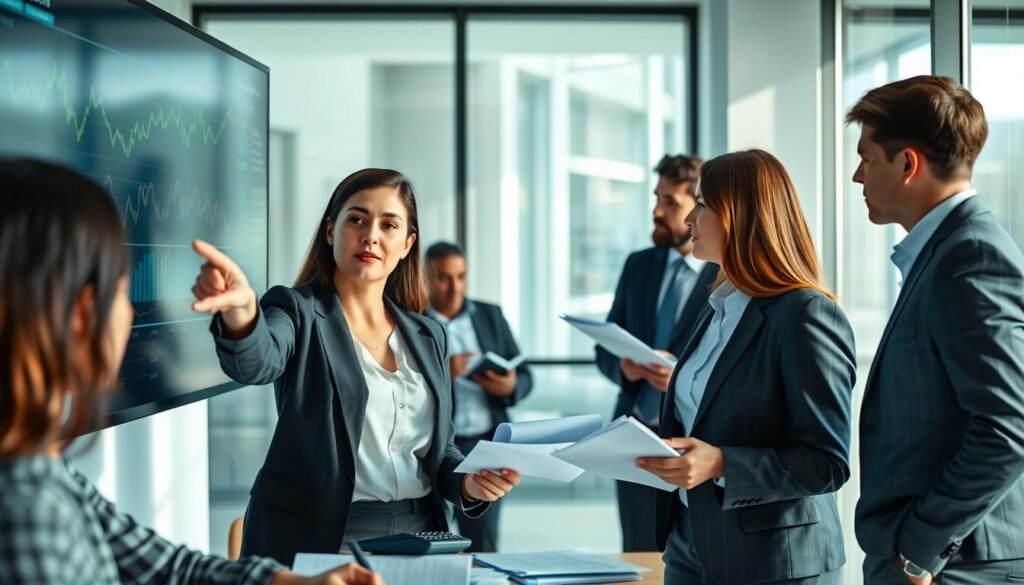 A professional office setting, showcasing a group of diverse business people analyzing financial charts and energy price graphs on a large screen. In the foreground, a focused woman in a smart business suit is pointing at a chart that indicates fluctuations in energy prices, while a man next to her takes notes. In the middle ground, additional team members are engaged in discussion, surrounded by reports and calculators, creating an atmosphere of collaboration and concern. The background features a modern office environment with large windows letting in natural light, emphasizing a sense of urgency and business dynamics. The image should convey a mood of analytical intensity and professionalism, capturing the impact of energy pricing on consumer bills.