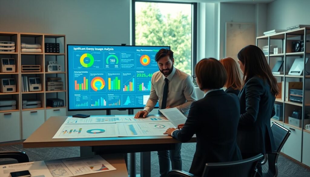 A professional office setting with a focus on energy usage analysis. In the foreground, a diverse team of three individuals, dressed in smart business attire, is gathered around a large table covered with charts, graphs, and data reports showcasing significant energy usage trends. The middle ground features a large digital screen displaying colorful infographics and key performance indicators related to energy management. The background includes shelves filled with energy-efficient equipment and research materials. Soft, ambient lighting enhances productivity, while a large window lets in natural light, creating an inviting atmosphere. The image conveys a sense of collaboration and innovation in energy management practices, emphasizing teamwork and analysis. A professional office setting with a focus on energy usage analysis. In the foreground, a diverse team of three individuals, dressed in smart business attire, is gathered around a large table covered with charts, graphs, and data reports showcasing significant energy usage trends. The middle ground features a large digital screen displaying colorful infographics and key performance indicators related to energy management. The background includes shelves filled with energy-efficient equipment and research materials. Soft, ambient lighting enhances productivity, while a large window lets in natural light, creating an inviting atmosphere. The image conveys a sense of collaboration and innovation in energy management practices, emphasizing teamwork and analysis.