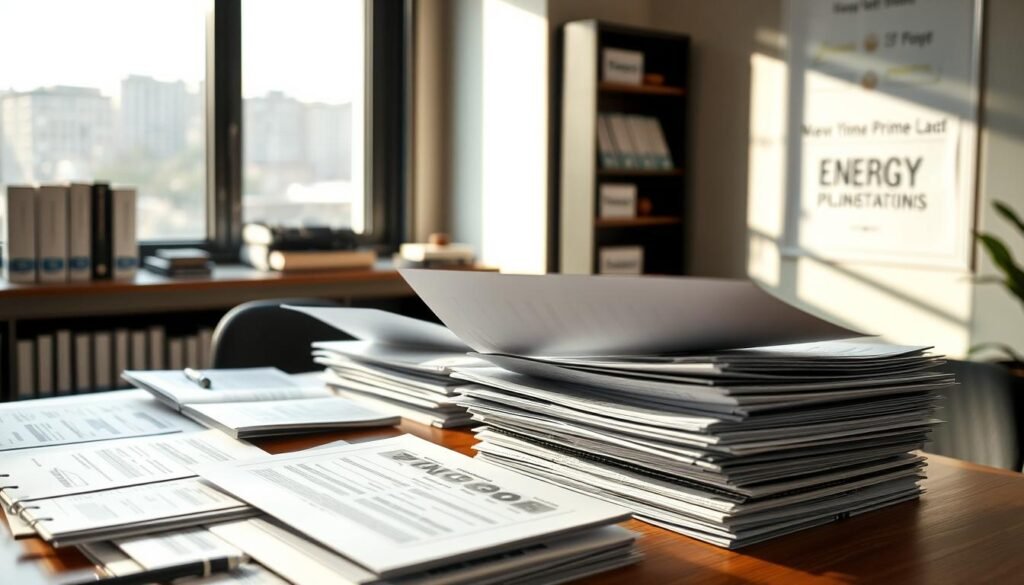 A professional setting showcasing a workspace with documents and plans related to energy prime applications. In the foreground, a well-organized desk featuring stacks of papers, detailed project proposals, and energy efficiency plans. A focused person in business attire, reviewing documents, highlighting important sections, and taking notes. In the middle ground, a large window allowing soft natural light to illuminate the scene, casting gentle shadows on the desk. The background includes a shelf with books on energy efficiency and compliance regulations. The atmosphere is one of diligence and clarity, emphasizing the importance of organizing energy grant applications effectively. The image should have a warm, inviting tone, shot from a slightly elevated angle to capture the entirety of the workspace while maintaining focus on the documents.