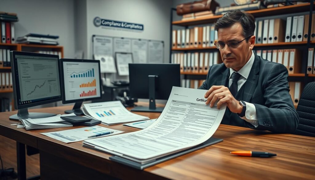 A professional workspace focusing on compliance and verification, featuring a detailed inspection scene. In the foreground, a serious-looking business professional in smart attire examines a document labeled "Certificates" on a wooden desk, surrounded by papers and compliance checklists. In the middle ground, there are charts illustrating economic data and compliance regulations, with a computer displaying verification software. The background shows shelves filled with files and case studies related to sanctions and audits, with subtle indoor lighting creating a focused atmosphere. The image captures a sense of diligence and responsibility in managing compliance checks, emphasizing the importance of thorough reviews and potential sanctions for non-conformity. A professional workspace focusing on compliance and verification, featuring a detailed inspection scene. In the foreground, a serious-looking business professional in smart attire examines a document labeled "Certificates" on a wooden desk, surrounded by papers and compliance checklists. In the middle ground, there are charts illustrating economic data and compliance regulations, with a computer displaying verification software. The background shows shelves filled with files and case studies related to sanctions and audits, with subtle indoor lighting creating a focused atmosphere. The image captures a sense of diligence and responsibility in managing compliance checks, emphasizing the importance of thorough reviews and potential sanctions for non-conformity.