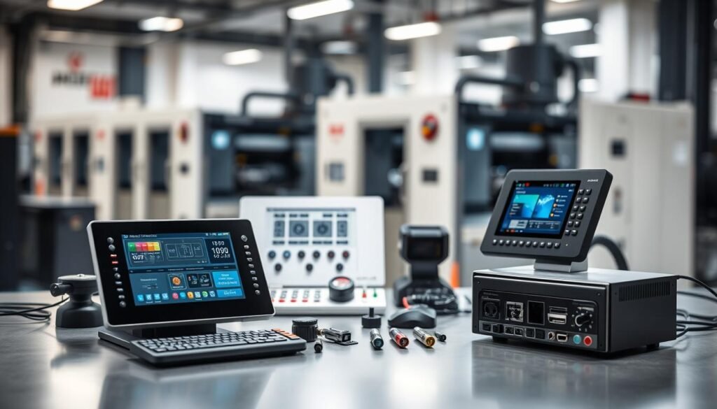A professional workspace showcasing a variety of digital control accessories for electric and hybrid press systems. In the foreground, prominently feature sleek, modern digital interfaces and touchscreens displaying intuitive controls with vibrant, user-friendly graphics. The middle ground includes an assortment of tools and interfaces like buttons, knobs, and connectivity ports, all neatly arranged on a polished work surface. In the background, a well-lit industrial setting reveals advanced electric presses, showcasing their innovative designs and technology. Soft, ambient lighting creates a futuristic, yet professional atmosphere, with a slight focus blur on the background to emphasize the detailed accessories. No people are present, allowing the technology to stand alone as the focal point. A professional workspace showcasing a variety of digital control accessories for electric and hybrid press systems. In the foreground, prominently feature sleek, modern digital interfaces and touchscreens displaying intuitive controls with vibrant, user-friendly graphics. The middle ground includes an assortment of tools and interfaces like buttons, knobs, and connectivity ports, all neatly arranged on a polished work surface. In the background, a well-lit industrial setting reveals advanced electric presses, showcasing their innovative designs and technology. Soft, ambient lighting creates a futuristic, yet professional atmosphere, with a slight focus blur on the background to emphasize the detailed accessories. No people are present, allowing the technology to stand alone as the focal point.