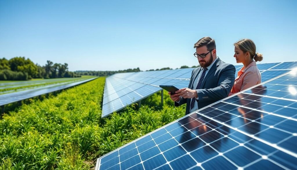 A solar panel installation optimization scene, showcasing a large solar farm with rows of gleaming solar panels angled towards the sun. In the foreground, a small team of engineers, dressed in professional business attire, examines a digital tablet displaying data analytics. The middle ground features advanced solar panels equipped with smart technology, highlighting their efficiency and organization. The lush, green landscape surrounds the farm, while a clear blue sky bathes the scene in bright, natural light, casting soft shadows. The image should convey a sense of innovation and sustainability, suggesting a harmonious relationship between technology and nature. A wide-angle perspective enhances the expansive view of the solar installation, emphasizing its significance in renewable energy.