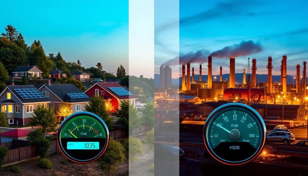 A split landscape illustrating the differences between diffuse and industrial demand response. On the left, a serene residential neighborhood with homes featuring solar panels, green trees, and lights simulating energy use, depicting diffuse energy consumption; soft, warm lighting creates a cozy atmosphere. On the right, a bustling industrial area with large factories, smokestacks, and heavy machinery, emphasizing industrial energy use; stark, bright lighting highlights the intense activity. The foreground shows contrasting energy meters, one displaying low consumption and the other showing high usage. In the background, a clear sky transitions into an industrial twilight scene. The image evokes a sense of contrast between sustainable, small-scale energy solutions and large-scale industrial power demands.
