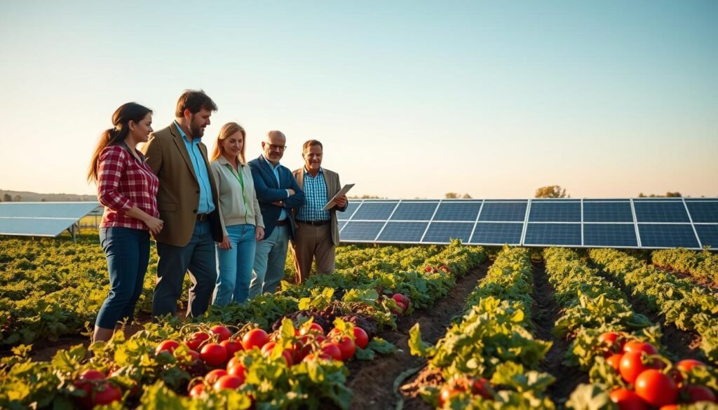 A vibrant agrivoltaics scene illustrating economic models and financing opportunities in sustainable agriculture. In the foreground, a diverse group of farmers in professional attire examines a solar panel installation integrated into a dynamic crop field. In the middle ground, rows of thriving crops such as tomatoes and lettuce stand between solar panels, reflecting innovation and harmony. The background features a clear blue sky with soft sunlight casting warm golden hues over the landscape, signifying a hopeful, sustainable future. Use a wide-angle lens to capture the expanse of the field while maintaining focus on the farmers’ engaged expressions. The overall atmosphere is optimistic and forward-looking, highlighting collaboration between renewable energy and agriculture for economic viability. A vibrant agrivoltaics scene illustrating economic models and financing opportunities in sustainable agriculture. In the foreground, a diverse group of farmers in professional attire examines a solar panel installation integrated into a dynamic crop field. In the middle ground, rows of thriving crops such as tomatoes and lettuce stand between solar panels, reflecting innovation and harmony. The background features a clear blue sky with soft sunlight casting warm golden hues over the landscape, signifying a hopeful, sustainable future. Use a wide-angle lens to capture the expanse of the field while maintaining focus on the farmers’ engaged expressions. The overall atmosphere is optimistic and forward-looking, highlighting collaboration between renewable energy and agriculture for economic viability.
