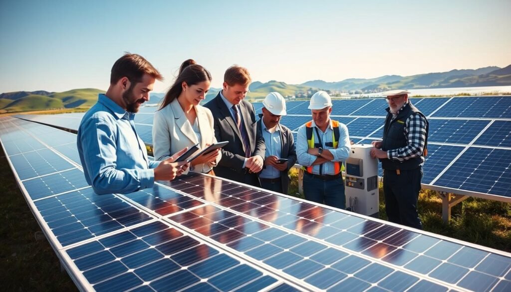 A vibrant solar power plant in full operation, showcasing large solar panels arranged in neat rows against a clear blue sky. In the foreground, a diverse group of professionals in business attire examines data on a digital tablet, discussing efficiency metrics. The middle ground features technicians performing maintenance on a solar inverter, symbolizing the importance of upkeep. In the background, rolling green hills and a shimmering lake reflect sunlight, emphasizing sustainability. Soft, golden light of the late afternoon creates a warm, optimistic atmosphere, highlighting the advancement of solar energy technology. Capture the scene with a wide-angle lens for perspective and clarity.