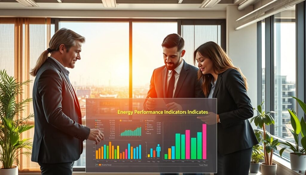 A visually impactful image illustrating "energy performance indicators" in an office setting. In the foreground, a diverse group of professionals in business attire collaborates over a digital dashboard displaying colorful graphs and metrics related to energy efficiency. In the middle ground, a large window reveals a bright, sunlit urban landscape with solar panels on rooftops and wind turbines in the distance, symbolizing renewable energy. The background features modern, eco-friendly office decor, with plants and energy-efficient lighting. Natural light streams in, casting soft shadows, creating a positive and motivating atmosphere. The scene conveys dedication to enhancing energy performance while maintaining a professional and sustainable work environment.