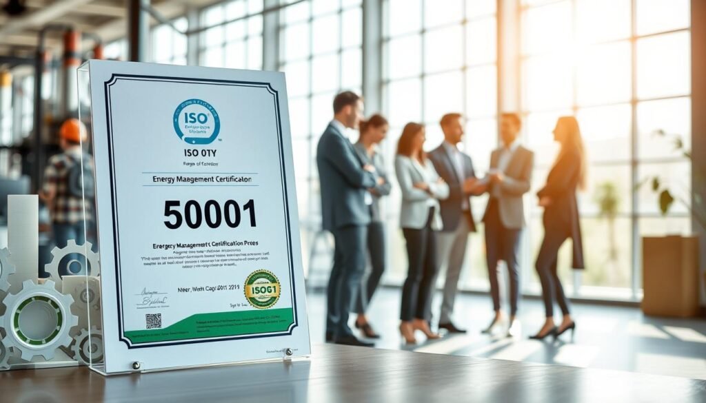 A visually striking image of an ISO 50001 energy management certification document prominently displayed in the foreground, surrounded by industrial elements such as gears and a subtle outline of a factory. In the middle ground, diverse professionals in business attire engage in a collaborative discussion, focusing on energy efficiency strategies. The background features a modern office setting with large windows allowing natural light to pour in, creating a bright and optimistic atmosphere. The scene should be well-lit with soft, ambient lighting to enhance professionalism, and captured from a slight angle to provide depth. The overall mood conveys a sense of progress and commitment to energy management standards.