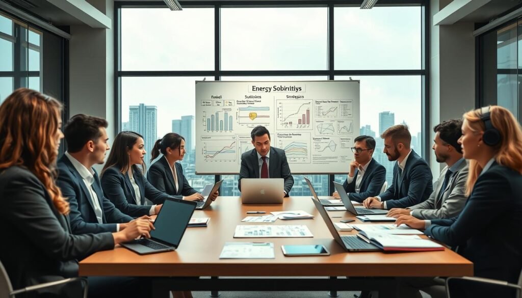 An office environment depicting a collaborative meeting focused on energy sobriety strategies. In the foreground, a diverse group of professionals in smart business attire gather around a conference table, analyzing charts and graphs on laptops and papers. In the middle, a large whiteboard filled with energy efficiency diagrams and strategic plans, emphasizing quick wins versus substantial renovations. The background features large windows with natural light pouring in, illuminating a city skyline, symbolizing progress and future sustainability. The atmosphere is serious yet optimistic, reflecting a sense of urgency and collaboration in addressing energy challenges. The lighting is bright and inviting, promoting focus and innovation, captured with a standard lens for a clear, professional feel.